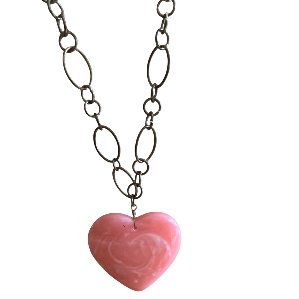 Pink Marbled‎ Resin Heart Pendant Bronze Tone Long Oval Link Chain Necklace Boho